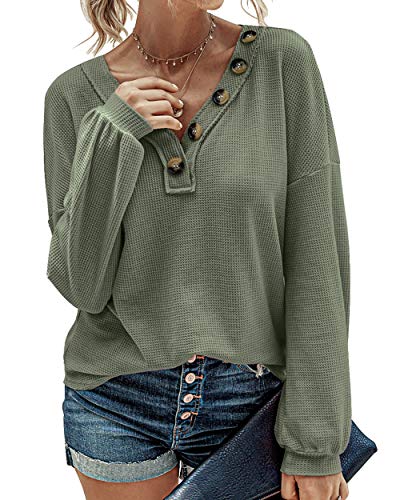 BTFBM Women Waffle Knit Shirts V Neck Long Sleeve Casual Christmas Loose Blouses Faux Button Lightweight Pullover Tops (Army Green, Medium)