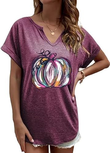 Fall Shirts for Women Pumpkin T Shirt V Neck Cute Graphic Autumn Tees Thanksgiving Blouse Halloween Tops(Large,F-301RD)