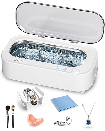 KOHE Ultrasonic Jewelry Cleaner Pod Machine - 48Khz Denture Cleaner, for Eye Glasses, Ring, Earring, Necklaces, Watch Strap, Makeup Brush, 304 Stainless Steel Tank, white, 350ML