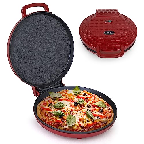 Courant Pizza Maker 12 inch Pizzas Machine, Newly improved Cool-touch Handle Non-Stick plates Pizza oven & Calzone Maker, Electric Countertop Oven for Home or School, 12 Indoor Grill/Griddle, Red