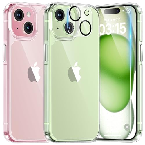 TAURI for iPhone 15 Case, [5 in 1] 1X Clear Case [Not-Yellowing] with 2X Screen Protector + 2X Camera Lens Protector, [15 FT Military Grade Drop Protection] Shockproof Slim Phone Case for iPhone 15