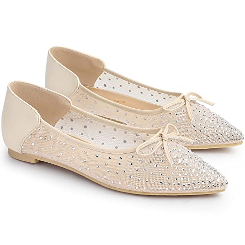 Allegra K Women's Pointed Toe Bow Rhinestone Mesh Beige Ballerina Flats 8.5 M US