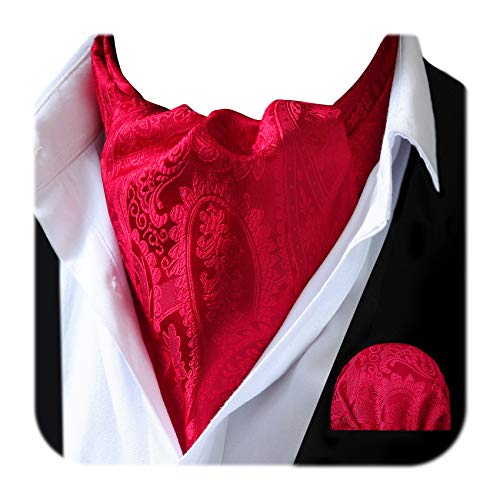 Paisley Floral Red Ascot Ties for Men Formal Fashion Ascot Tie and Pocker Square Set for Wedding Party Prom Cravat Scarf
