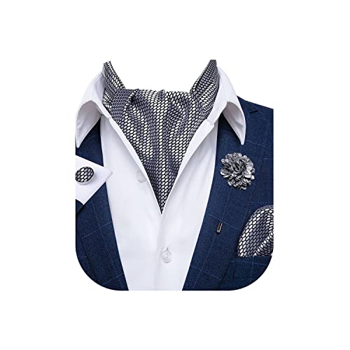 DiBangGu Polka Dot Cravat Ascot Tie Set with Laple Pin Mens Silver Formal Casual Ascot Silk