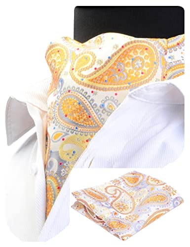 GUSLESON Men's Ascot Paisley Cravat Necktie Floral Jacquard Woven Gift Tie and Pocket Square Set (0603-09)