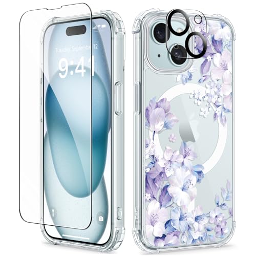 GVIEWIN Compatible with iPhone 15 Case 6.1", Compatible with MagSafe, [Screen Protector + Camera Protector] [MIL-Grade Protection] Magnetic Floral Clear Shockproof Women Cover (Foliolosa/Blue)