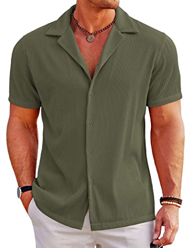 COOFANDY Mens Shirt Casual Button Down Regular Fit Fashion Camp Beach Tops, Green, Large, Short Sleeve