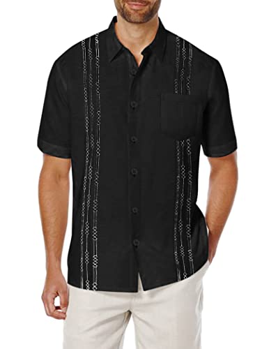 COOFANDY Men Embroidered Short Sleeve Western Shirt Regular-Fit Linen Dress Shirts