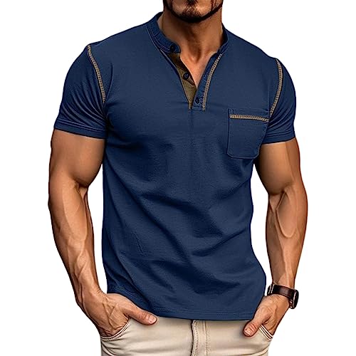 Aulemen Men's Henley Shirts Short Sleeve Casual Lightweight Slim Fit Basic Button T-Shirt with Pocket Royal Blue