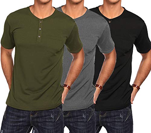 COOFANDY Men's 3Pack Henley Shirts Short Sleeve Casual Front Placket Basic Summer Solid T Shirts