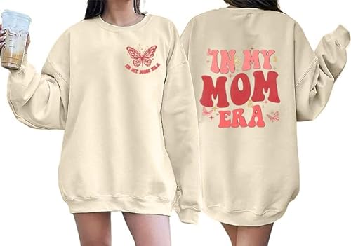 In My Mom Era Sweatshirts Women Funny Mama Sweatshirt Casual Letter Print Long Sleeve Pullovers Tops Apricot