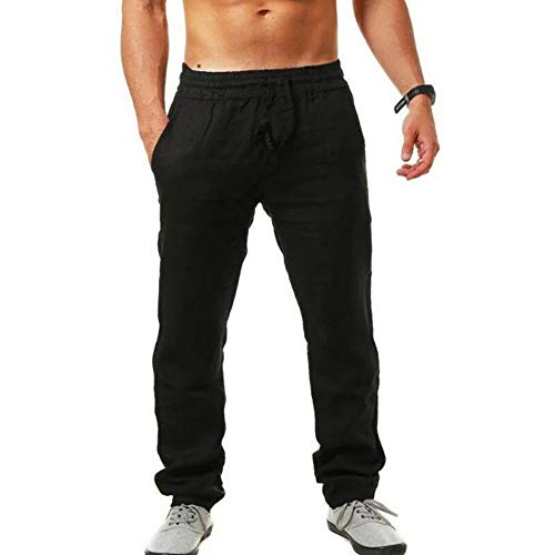 MorwenVeo Men's Linen Pants Casual Long Pants - Loose Lightweight Drawstring Yoga Beach Trousers Casual Trousers - 6 Colors Black