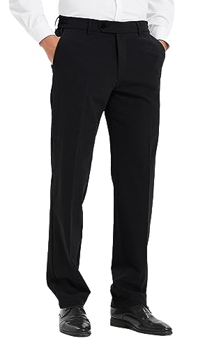 Plaid&Plain Men's Black Dress Pants Straight Fit with Elastic Waistband and Stretchy Fabric 9802-Black-30WX28L