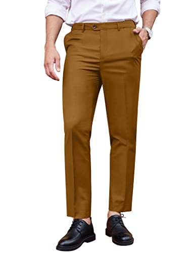 COOFANDY Men's Classic Fit Dress Pants Flat Front Straight Formal Pants Wrinkle Free Expandable Waist Suit Pants Light Brown