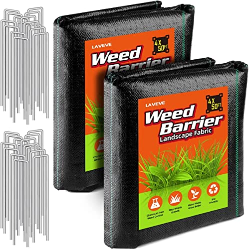 LAVEVE 4FT x 100FT Weed Barrier Landscape Fabric, 3.2oz Premium Heavy-Duty Gardening Weed Control Mat, Ground Cover for Gardening, Farming with 30 U-Shaped Securing Pegs2 Pack 4x50FT