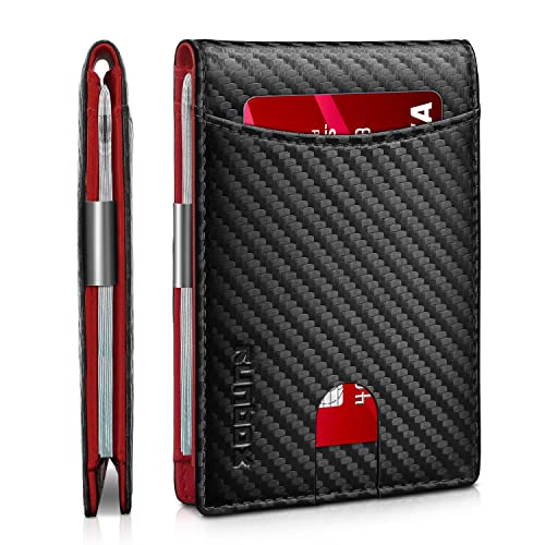 RUNBOX Red Wallet for Men Slim 11 Credit Card Holder Slots Leather Money Clip RFID Blocking Small Men's Wallet Bifold Minimalist Gift Box Carbon
