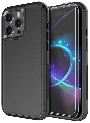 Diverbox for iPhone 15 Pro Case [Shockproof] [Dropproof] [Tempered Glass Screen Protector ],Heavy Duty Protection Phone Case Cover for Apple iPhone 15 Pro 6.1 inch (Black)