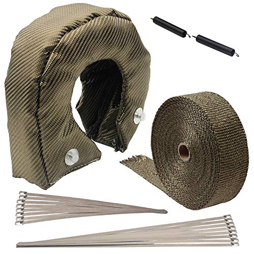 LEDAUT 2" x 50' Titanium Exhaust Heat Wrap Roll and T5 T6 Titanium Turbocharger lCover Blanket with Stainless Ties and Fastener Springs for Car Motorcycle Fiberglass Heat Shield Tape Cover Wrap