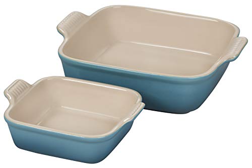 Le Creuset Stoneware Heritage Set of 2 Square Dishes , Small - 18 oz. & Medium - 2 qt., Caribbean, 2 Count (Pack of 1)