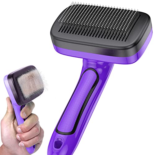 Pet Self Cleaning Slicker Brush for Shedding & Grooming Long Short Haired Dogs, Cats Retractable Brush for Large and Small Gently Removes Loose Undercoat, Mats Tangled Hair from Pet's Coat - Purple