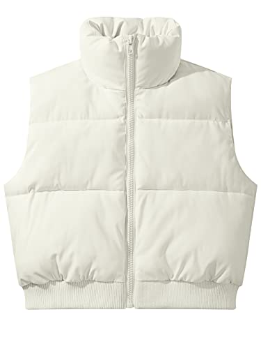 MEROKEETY Women's Crop Puffer Vest Stand Collar Sleeveless Zip Up Lightweight Fall Padded Gilet Coat,B-Beige,S