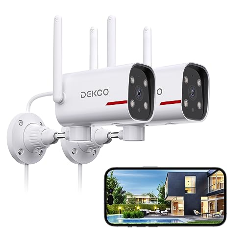 Outdoor Security Camera - DEKCO 2K Pan Rotating 180 Wired WiFi Cameras for Home Security with Two-Way Audio, Night Vision, 2.4G Wifi, IP65, Motion Detection Alarm (2 Pack )