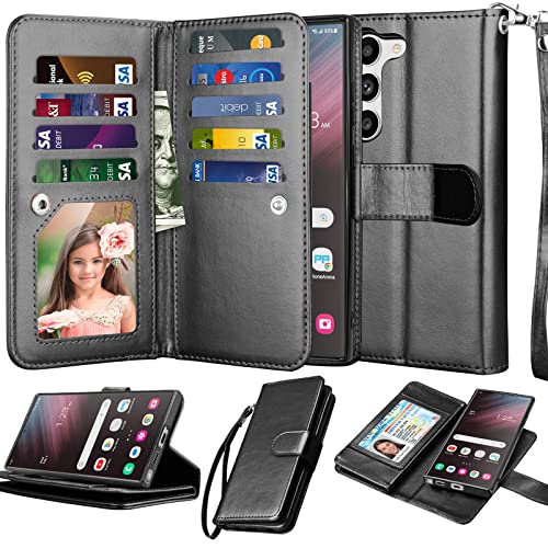 NJJEX Galaxy S23 Case, for Samsung Galaxy S23 Wallet Case, [9 Card Slots] PU Leather ID Credit Holder Folio Flip [Detachable] Kickstand Magnetic Phone Cover & Lanyard for Samsung S23 [Black]