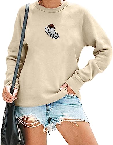 AIIWEIS Halloween Spooky Sweatshirt Women Western Cowboy Ghost Embroidered Long Sleeve Shirt Crewneck Spooky Season Pullover Top Apricot