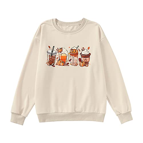 CM C&M WODRO Women Halloween Pumpkin Coffee Shirt Long Sleeves Cute Crewneck Sweatshirts Casual Pullover Top Fall Clothes (Beige, X-Large)