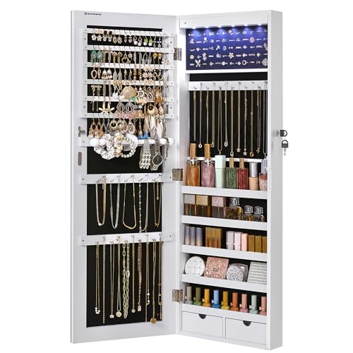 SONGMICS 6 LEDs Mirror Jewelry Cabinet, 42.5-Inch Tall Lockable Wall or Door Mounted Jewelry Armoire Organizer with Mirror, 2 Drawers, 3.7 x 14.6 x 42.5 Inches, White UJJC99WT