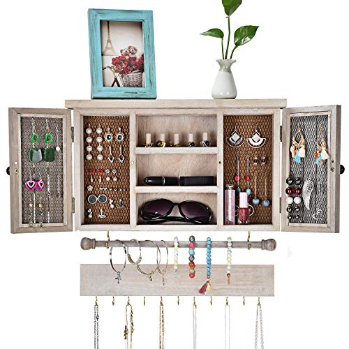 X-cosrack Rustic Mesh Hanging Jewelry Organizer Wall Mounted for Necklaces,Earings, Bracelets,Ring Holder,with Removable Bracelet Rod,Hooks,Wooden Barndoor Decor