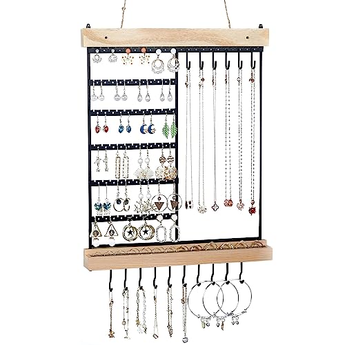 Feyejade Hanging Jewelry Organizer, 6-Tier Wall Earring Holder with Wooden Ring Groove, Jewelry Rack Wall Mounted for Earrings, Necklaces, Bracelets and Rings, Jewelry Holder Stand