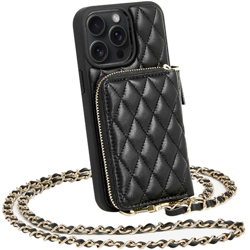 LAMEEKU for iPhone 15 Pro Max Case Wallet, Crossbody Wallet Case with Card Holder, Quilted Leather Card Slots Case, Wrist Strap Lanyard Handbag Purse Cover for Women for iPhone 15 Pro Max 6.7" Black