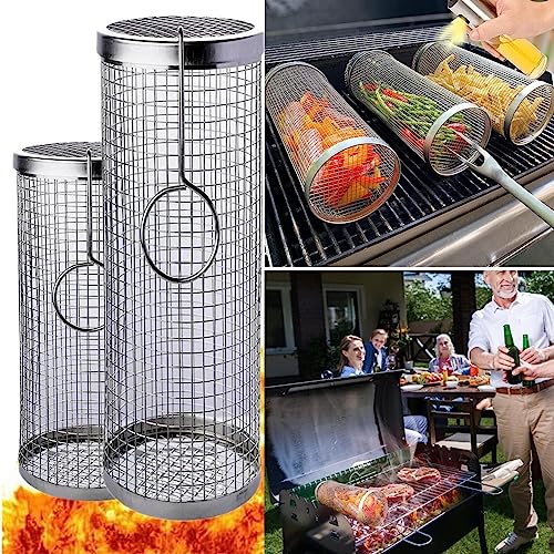 Rolling Grilling Basket - Greatest Grilling Basket Ever, Round Stainless Steel BBQ Grill Mesh, Camping Barbecue Rack for Vegetables, French Fries, Fish (11.8inch +7.48inch)