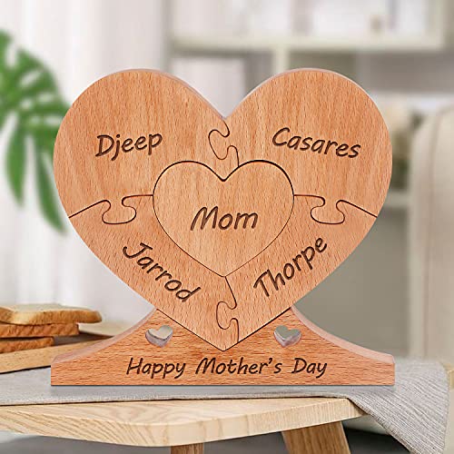 Custom Wooden Name Heart Puzzle, Personalized Art Text with 1-8 Family Name Heart Puzzle, Perfects Home Decoration Mother's Day Birthday Gifts for Mom