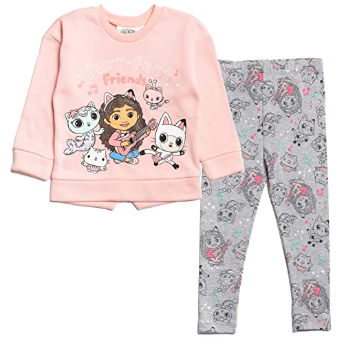 Dreamworks Gabby's Dollhouse Little Girls Pullover Fleece Sweatshirt and Leggings Outfit Set Grey/Pink 7-8