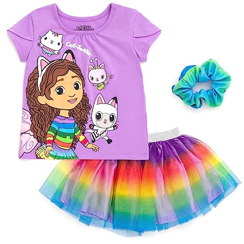 Dreamworks Gabby's Dollhouse Big Girls T-Shirt Tulle Mesh Skirt and Scrunchie 3 Piece Outfit Set Purple/Rainbow 10-12