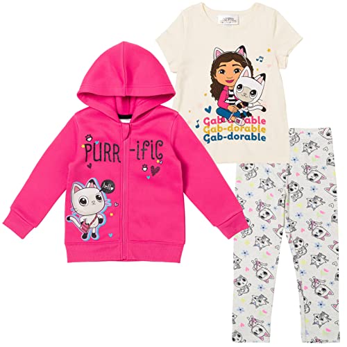 Dreamworks Gabby's Dollhouse Pandy Paws Big Girls Zip Up Fleece Hoodie Graphic T-Shirt and Leggings 3 Piece Set Red 10-12