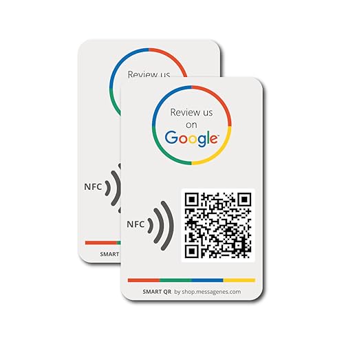 MESSAGENES | Review Us on Google QR Code Stickers | Reusable Smart QR Code and NFC | Pack 2 NFC Card Size Sticker Units | Easy Reviews | Modify Link Whenever You Want | Google Decal for Business