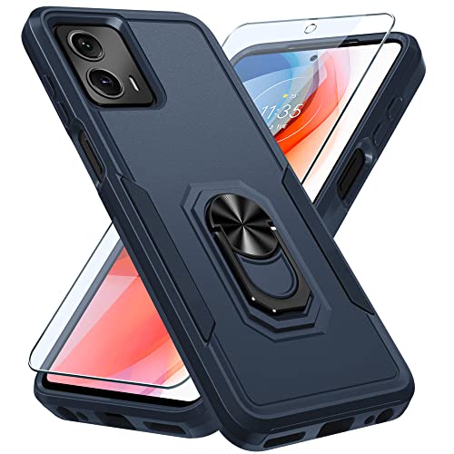 Motorola Moto G 5G 2023 Case with Tempered Glass Screen Protector[Not for 2022 Version],Heavy Duty Shockproof Full Body Protective Cover,Built in Rotatable Metal Ring Holder Kickstand,Navy Blue