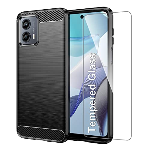 GSDCB Case for Motorola Moto G 5G 2023 Case with Tempered Glass Screen Protector, Carbon Fiber Brushed Texture Soft Flexible TPU Slim Fit Shockproof Phone Cover for Women Men Girls Boys (Black)