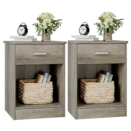 FOTOSOK Nightstand Set of 2, 2-Tier Side Table with Drawer and Storage Shelf, Bedside Table End Table, Modern Night Stand for Bedroom, Home Office,Vintage Grey