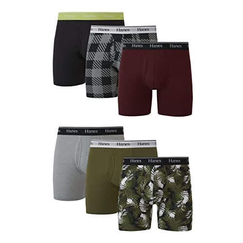Hanes Men's Boxer Briefs & Trunks, Stretch Cotton Moisture-Wicking Underwear, Modern Fit Low Rise, Multipacks, Regular Leg-Olive/Maroon/Grey-6 Pack
