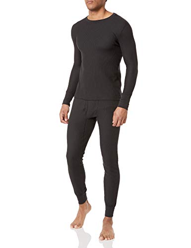 Fruit of the Loom Men's Recycled Waffle Thermal Underwear Set (Top and Bottom), Black, Large