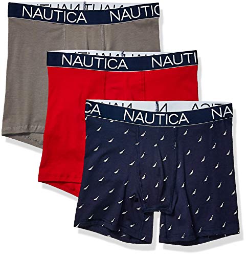 Nautica Men's 3-Pack Classic Underwear Cotton Stretch Boxer Brief, Red/Platinum Grey/Sail Printpeacoat, Small