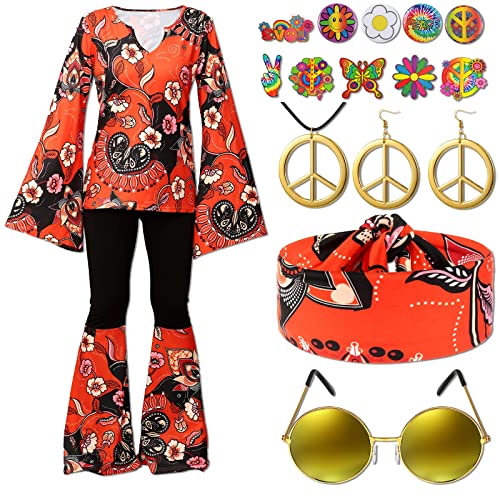 Jiuguva 17Pcs 60s 70s Outfits for Women Hippie Costume Set Disco Outfit Dress Boho Flared Pants Hippie Shirt Headband (Retro Style,X-Large)