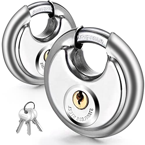 Keyed Padlock, 2 Pack Stainless Steel Discus Lock Heavy Duty with 6 Keys, 3/8 Inch Shackle Waterproof and Rustproof Storage Lock for Warehouse, Garage, Storage Locker, and Outdoors (Keyed Different)
