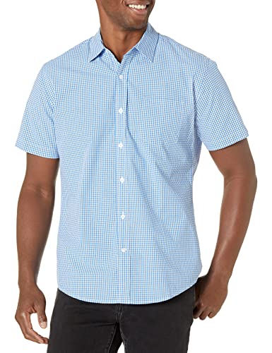 Amazon Essentials Men's Regular-Fit Short-Sleeve Poplin Shirt, Blue Gingham, X-Large