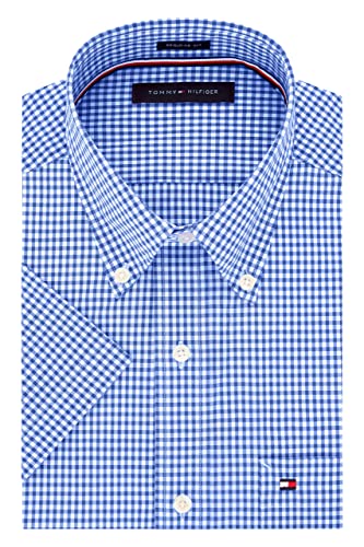 Tommy Hilfiger Men's Short Sleeve Button-Down Shirt, Royal, 16.5" Neck