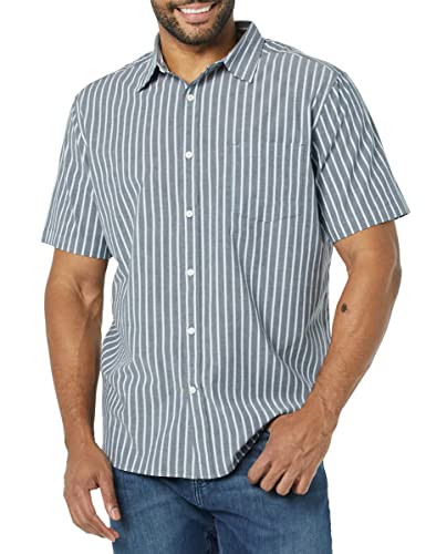 Amazon Essentials Men's Short-Sleeve Stretch Poplin Shirt (Available in Big & Tall), Navy/White, Stripe, Large